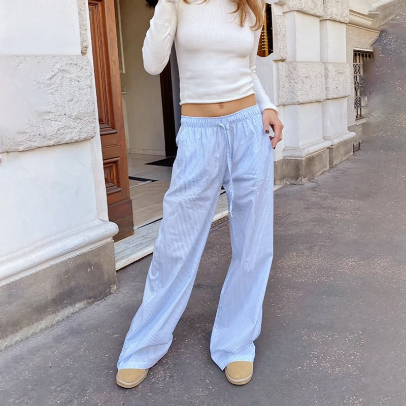 Pantalones anchos a rayas de moda elegante para mujer, ropa de calle coreana, informales, con cordón, de cintura alta, sueltos, rectos, largos, ropa de estar por casa