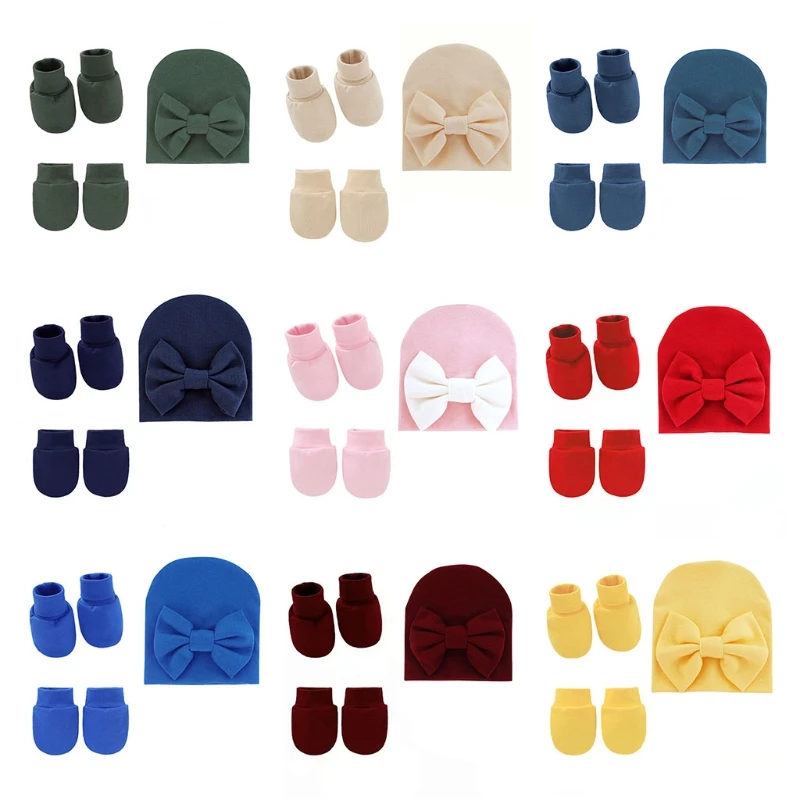

L5YF Детская шапка с бантом, перчатки без царапин, комплект для ног, мягкие хлопковые варежки для младенцев, шапочки, носки, для