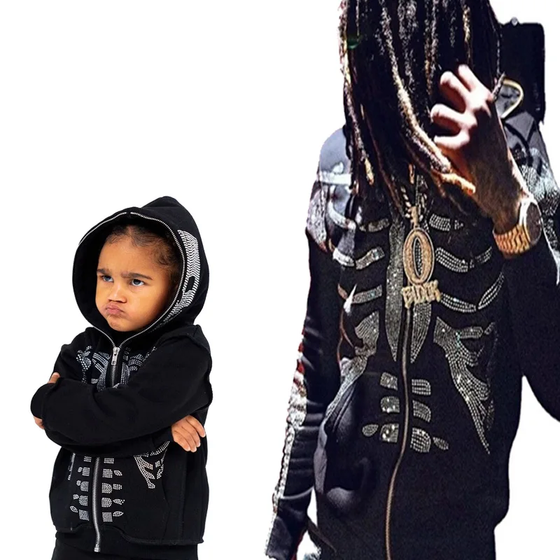 

Halloween Fall Parenting Long Sleeve Zipper Hooded Sports Hot Rhinestone Sweatshirt Men's and Women's Full Chain Tops