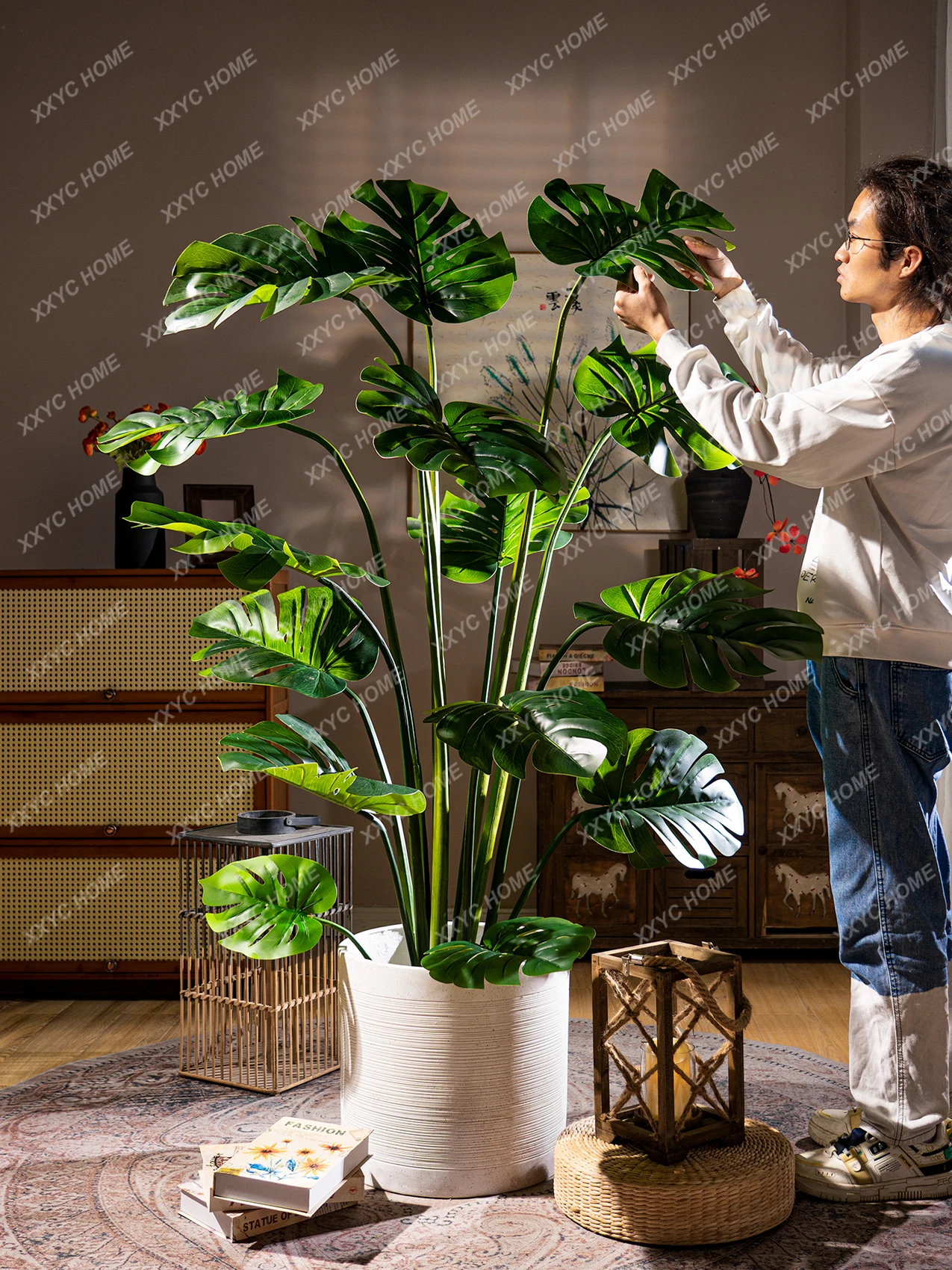 Grande Pseudo Albero Grande Foglia Monstera Deliciosa Pianta Emulational Falso Albero Pianta Verde Bonsai Indoor Soggiorno Paesaggistica