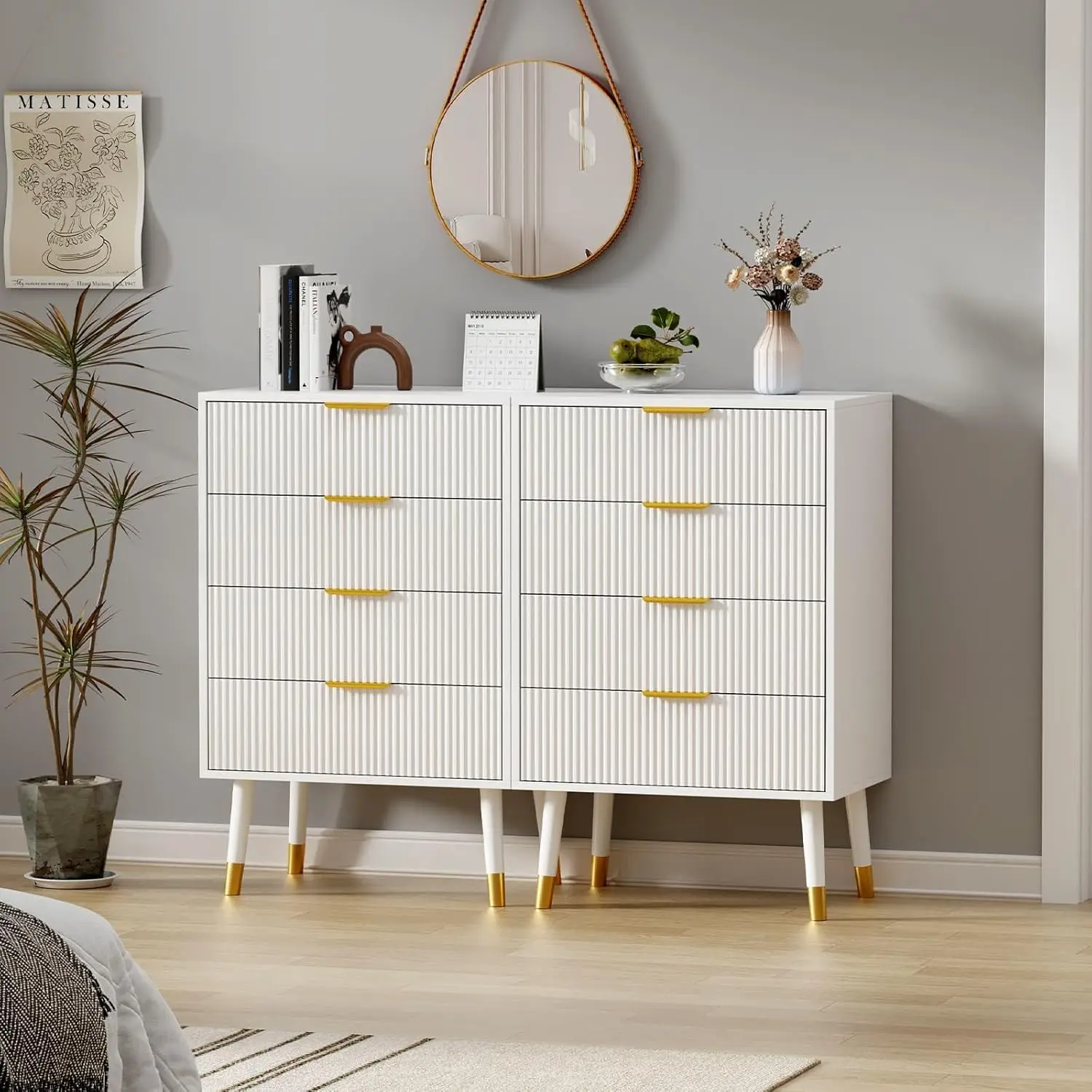 Kommode mit 4 Schubladen für Schlafzimmer, Kommode mit goldenen Griffen, hohe Kommode, kleiner Aufbewahrungsschrank aus Holz für Wohnzimmer – Detail 16