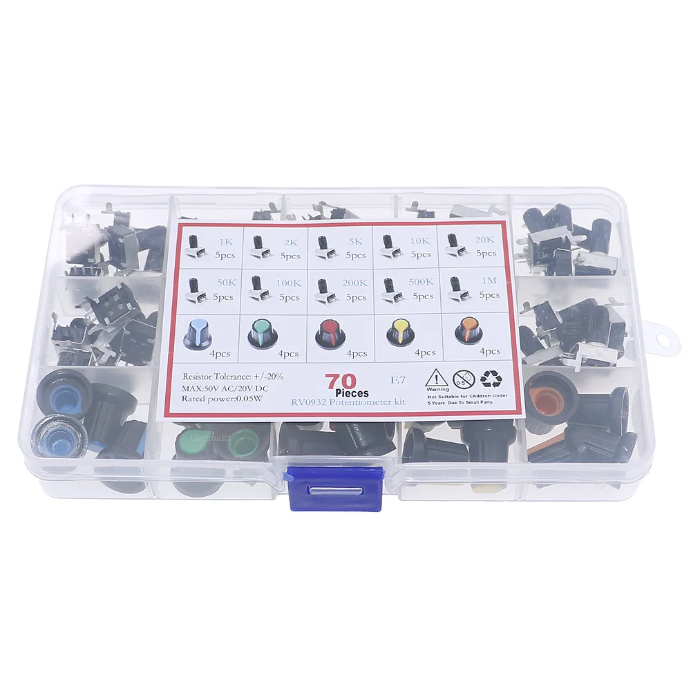 70Pcs 10Value 3Pin RV09 type Horizontal Potentiometer kit 1K 2K 5K 10K 20K 50K 100K 200K 500K 1M with knobs