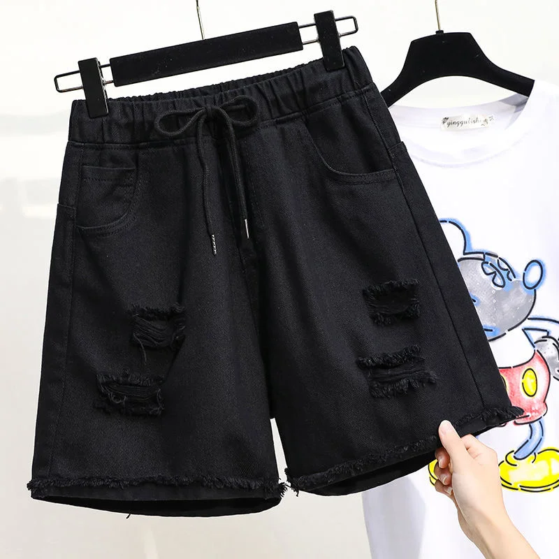 XL-5XL Oversize Stretch Denim Wide Leg Shorts Women Summer Drawstring High Waist Cuffs Short Pants Ripped Frayed Hole Large Size