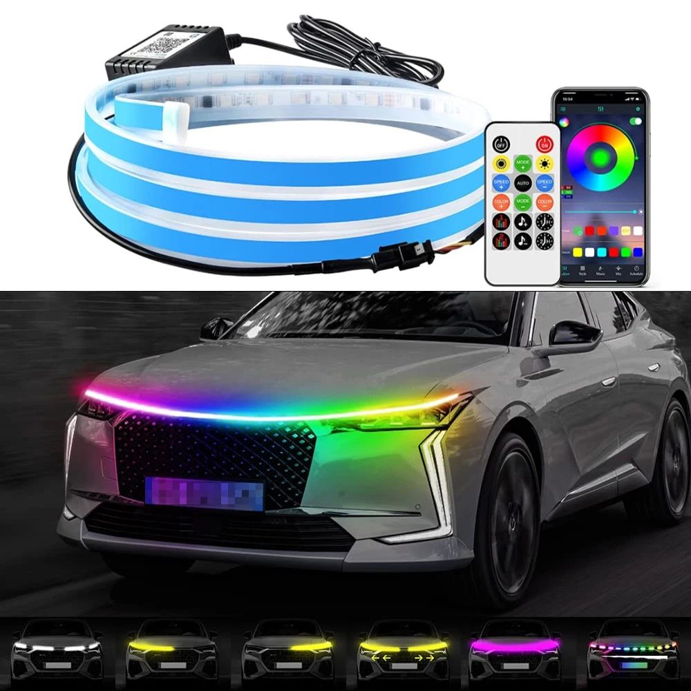 

12V Multicolor LED Car Engine Hood Guide Light Turn Signal Yellow Decorative Lamp Neon Scan DRL LED Strip Daytime Running Light