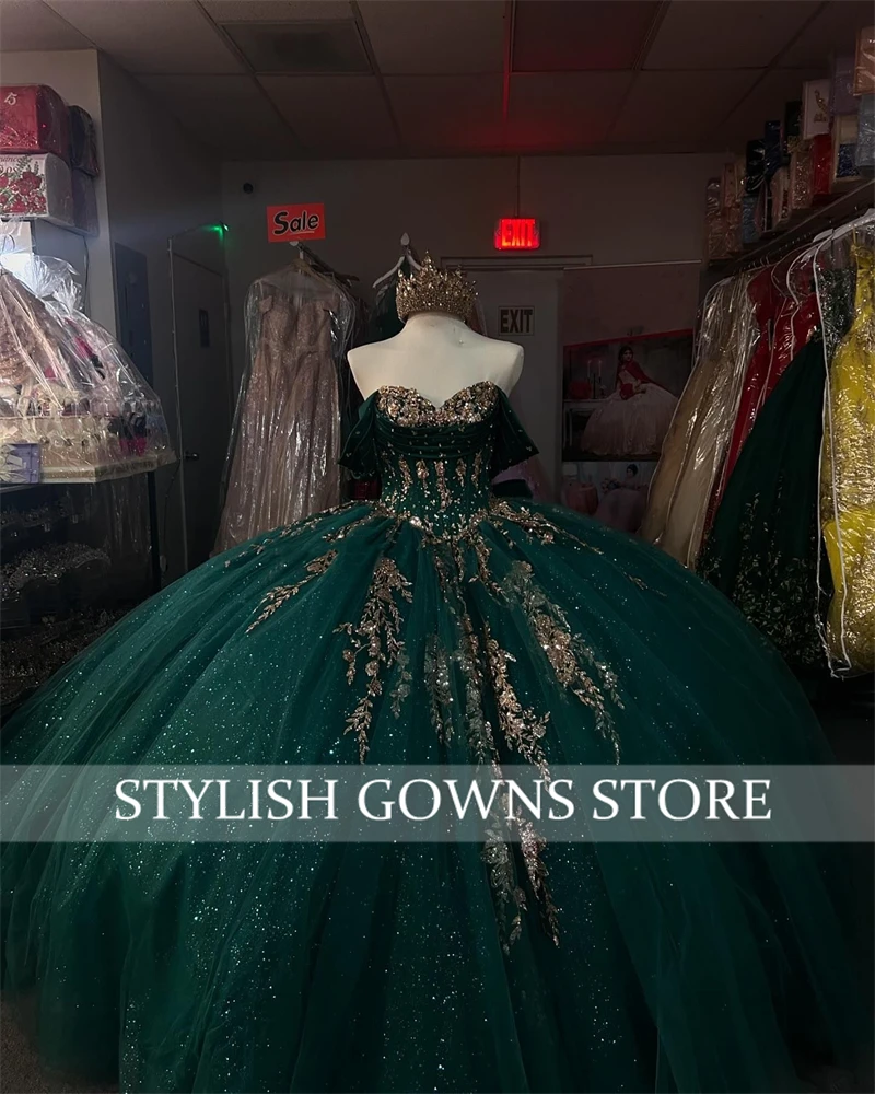 Emerald Green Off The Shoulder Sequin Quinceanera Dress Bead Appliques Birthday Luxury Dress Bow Graduation Gown Customized