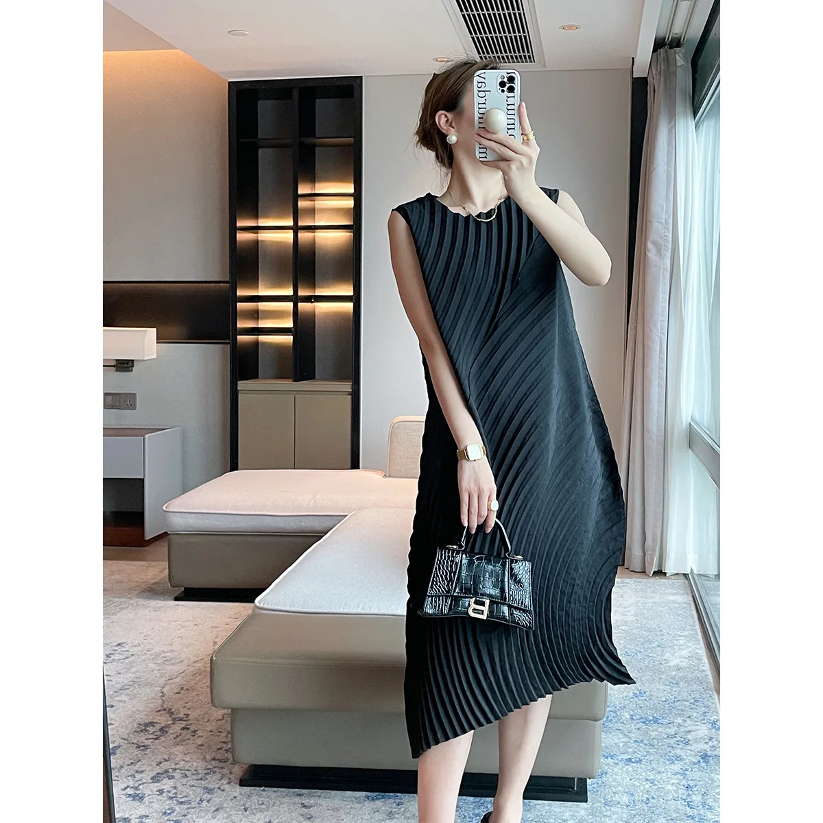 

miyake pleated dress women's Japanese Toray water ripple main line annual ring arc design pleated asymmetrical high-end dress