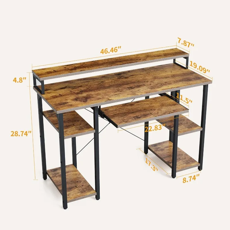 Computer Desk with Keyboard Tray, 47 Inch Office Monitor Stand and Storage Shelves, Music Studio Workstation, Work Table 3