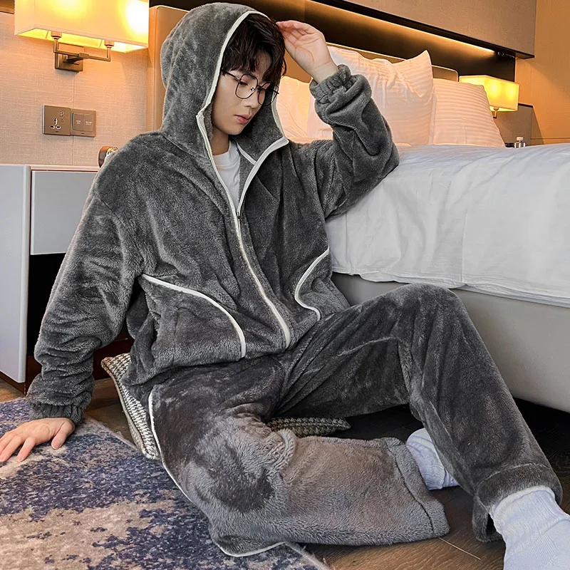 6XL 7XL 8XL Winter Men's Hooded Homewear Heavy Plus Velvet Zipper Cardigan Plus Size Pajamas Pants Keep Warm White Black Suit pajamas set man pajamas set