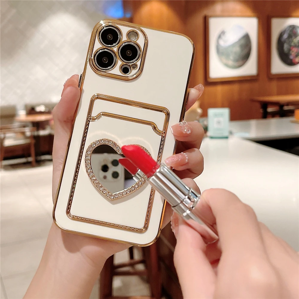Phone Case iPhone Case Glitter Rhinestone Love Heart Mirror Plating Wallet Card Case For iPhone 16 15 14 13 11 12 Pro Max XS X 7 8 Plus Soft Slot Cover