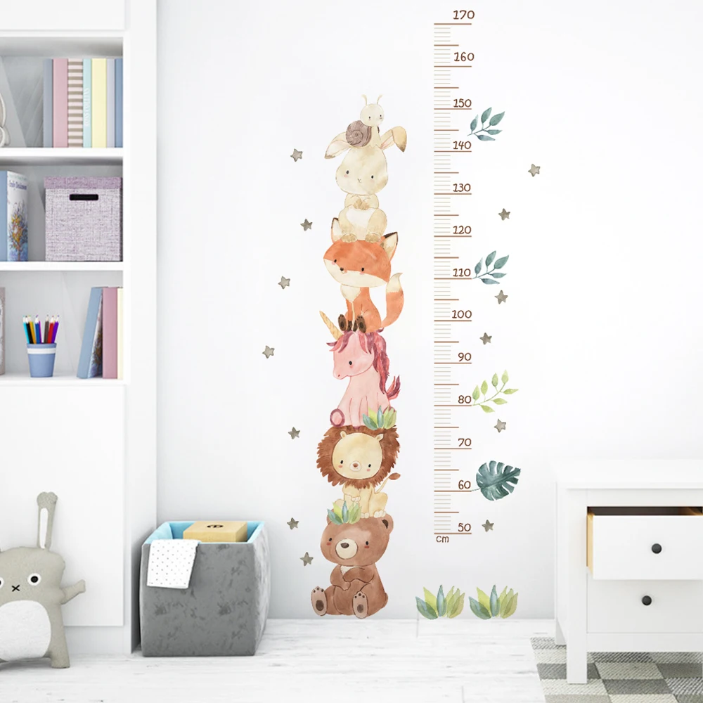 북유럽 동물 곰 사자 토끼 높이 측정 벽 스티커, 어린이 성장 차트 벽 데칼, 어린이 방 보육실 PVC