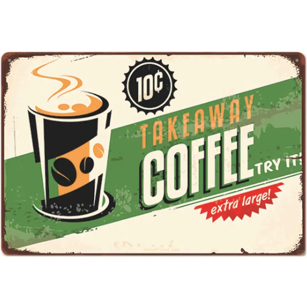 

Retro Design Take Alway Coffee Tin Metal Signs Wall Art | Thick Tinplate Print Poster Wall Decoration for Cafe/Kitchen/Coffee C