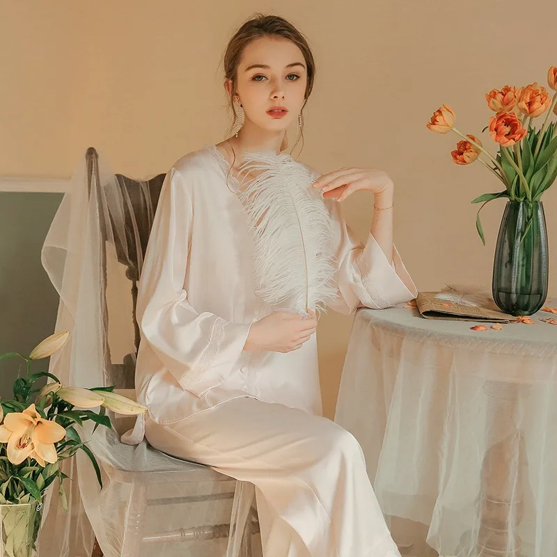 SXTHAENOO Spring Ice silk Women Pajama Set Two Pieces Long Sleeve Pants Home Clothes Night Wear Fashion Cardigan Pink Nightwear