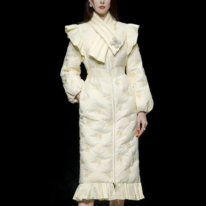 Women New Fashion Lantern Sleeve White Duck Down Jacket Retro Simple Embroidery Slim Waist Thick With Scarf