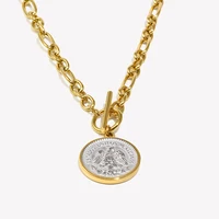 E.B.belle Mixed Color OT Buckle Round Angel Pendant Necklace PVD Plated Stainless Steel Women Waterproof Party Neck Jewelry