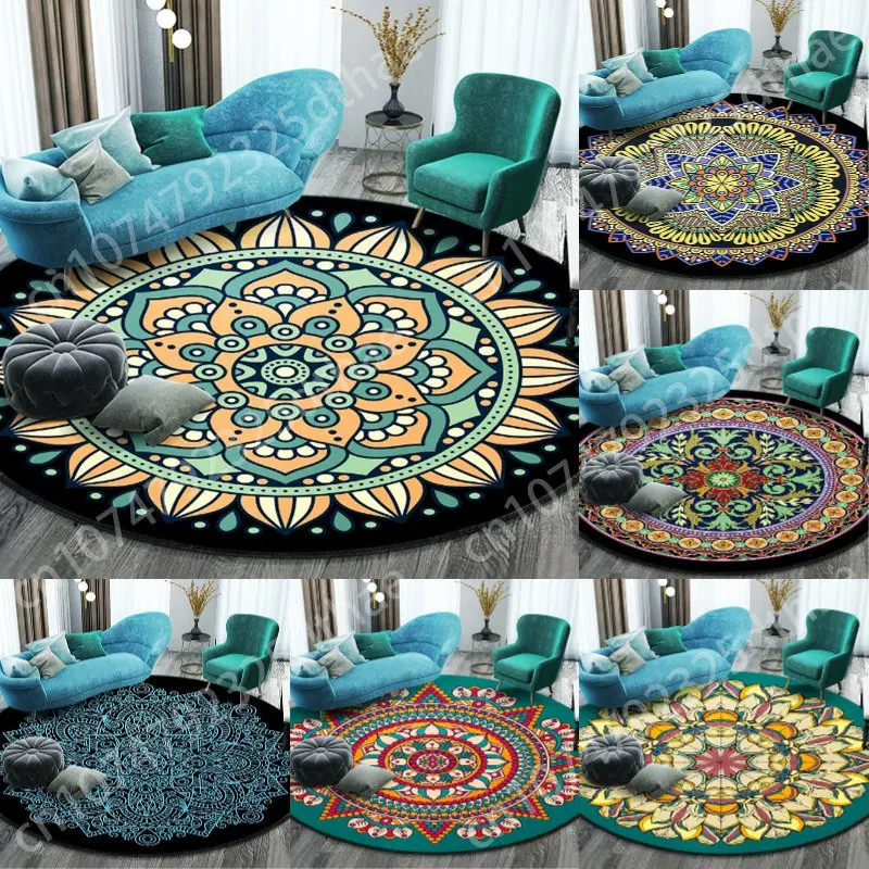 

Ethnic Style Round Carpet Balcony Hanging Basket Living Room Bedroom Decorative Floor Mat Vintage Mandala Floral Anti-Slip Rug