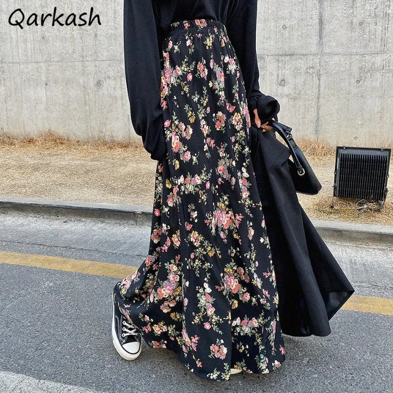

Long Skirts Women Autumn Print Temper High Waist Vintage French Style Elegant Females Casual Streetwear Aesthetic Prairie Chic