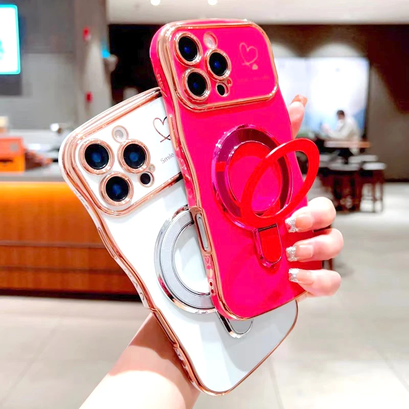 Plating Wave Shell Case For iPhone 16-11 Pro Max Plus Stand Holder Covers