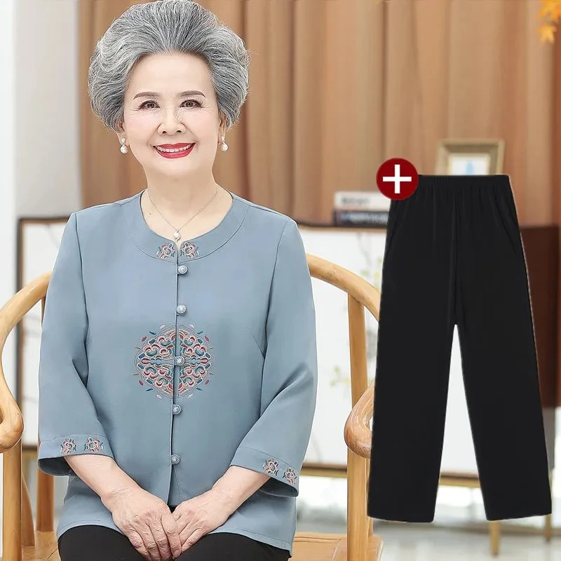 

Elderly People Shirts New Spring Summer Three Quarter Sleeve Grandma Blouse Middle Age Women Cardigan Shirt Embroidery Blusa 5XL