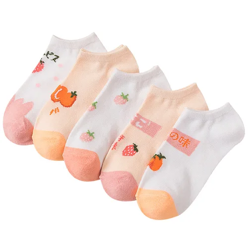귀여운 고양이 여우 면 소재 여성용 슬리퍼, 캐주얼 재미있는 한국 귀여운 카와이 만화 하라주쿠 보트 발목 양말, 여름, 5 쌍 3