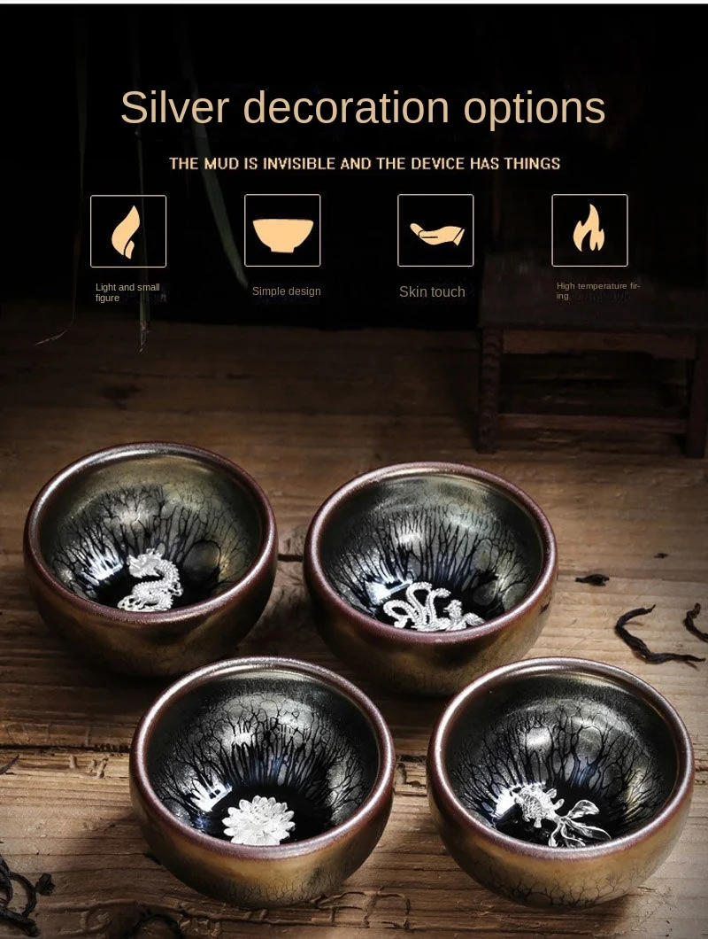 Description Picture 5 of itemJianzhan Ceramic Tea Cup Tenmoku Glazed Gilt Gold Inlaid Silver Dragon Teacup Pigmented Kung Fu Tea Bowl Pigmented Tea Set
