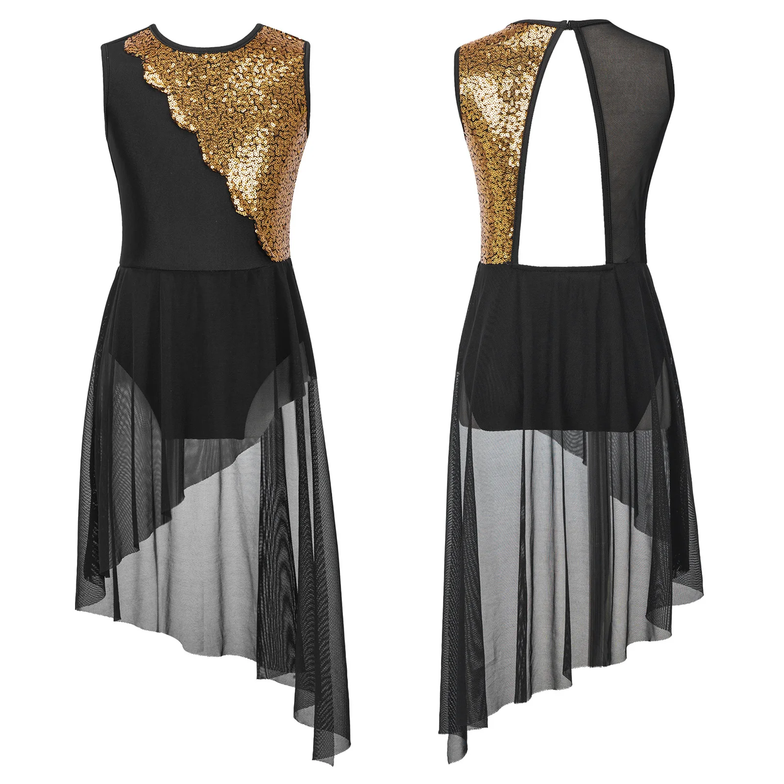 Vestido de competición de baile de Ballet para niñas pequeñas, ropa de baile con lentejuelas brillantes, sin mangas, dobladillo Irregular, espalda hueca