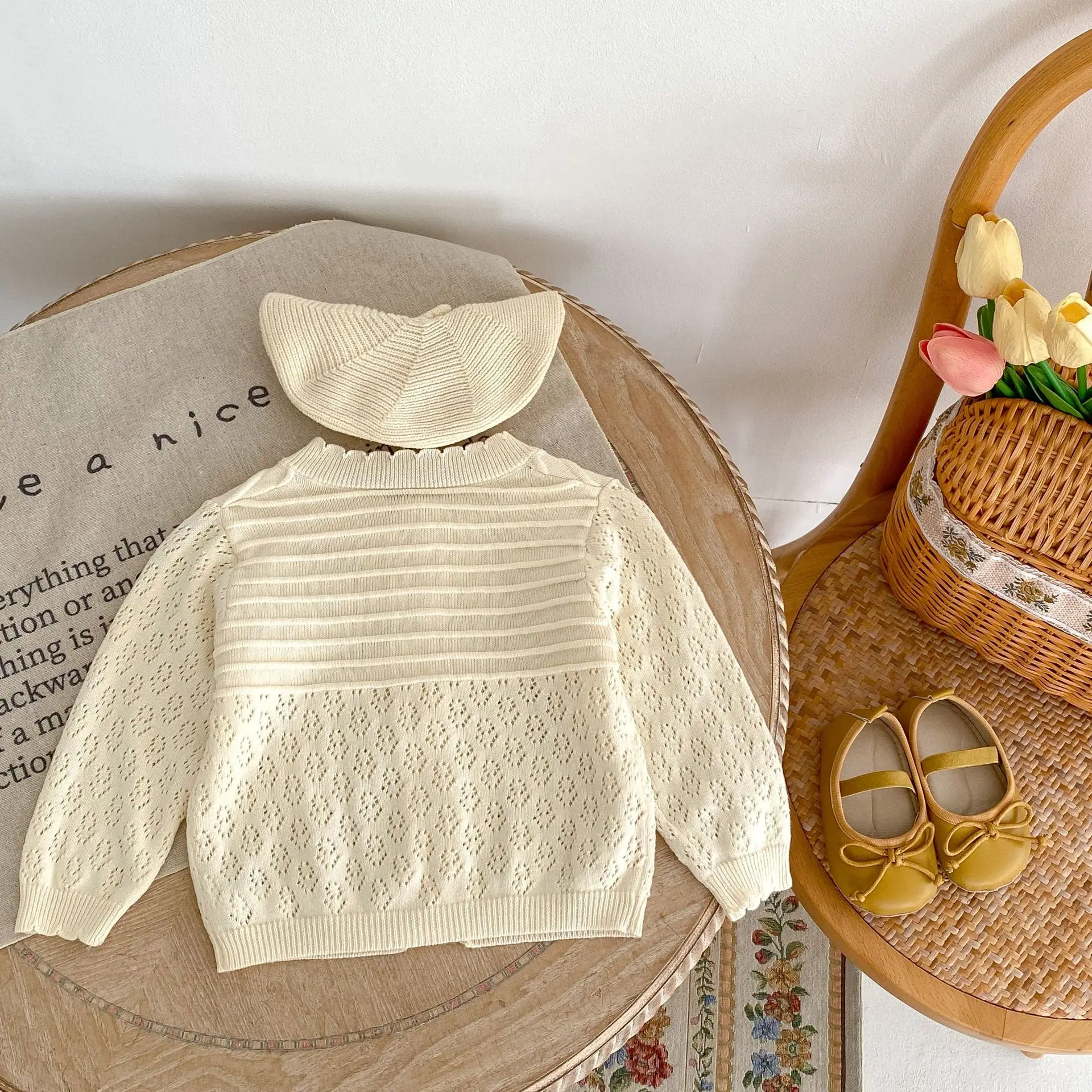 Spring Summer Toddler Girl Coat Embroidery Flower Long Sleeve Hollow Knitted Sunscreen Air-conditioned Cardigan Jacket