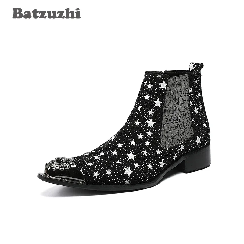 

Batzuzhi Western Rock Mens Boots Pointed Metal Toe Black Stars Leather Ankle Boots Men Botas Hombre Safety Military Boots, US12