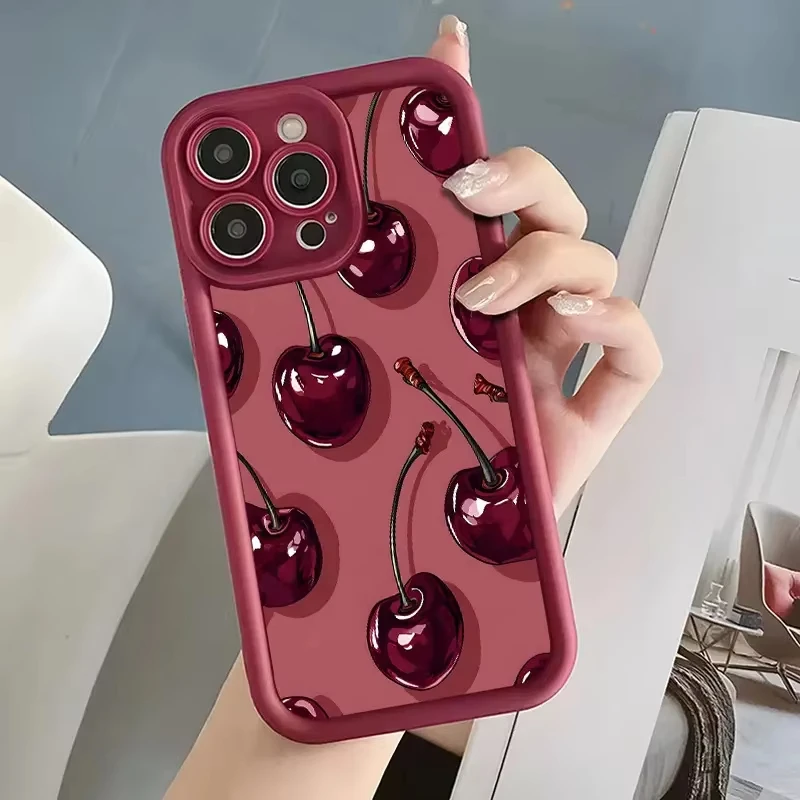 Elegant Wine Red Cherry Pattern Shockproof Phone Case - Premium Silicone Cover