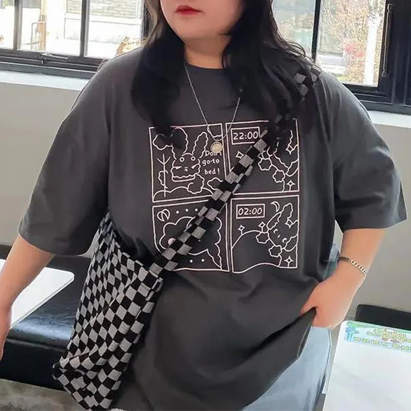 Fashion Summer Crew Neck Pattern Printing Pullover Tops Korean Loose Short Sleeve Grey/blue Color Women's Plus Size T-Shirt