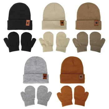 Winter New Kids Knit Hat & Gloves Set Solid Color Baby Boys Girls Beanie Warm Mittens Winter Children Knitted Accessories Set 1