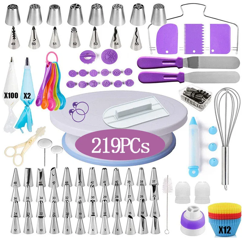 Cake Tools Turntable Rotating Cake Stand Decorating Tips Set Pastry Spatula Scraper 219PCs, cake stand,cake turntable,baking supplies,cake tools,cake decorating kit