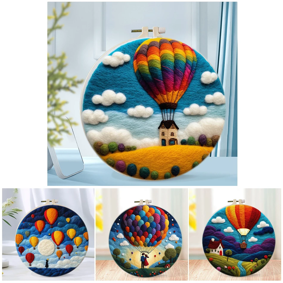DIY Wool Felting Painting Kit With Frame Handmade Needle Wool Painting Hot Air Balloon For Home Decors Crafts Gift