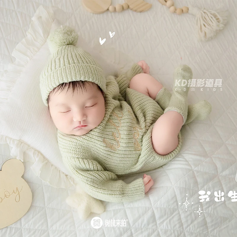 아늑한 니트  사진 촬영 의상 Hello World 롬퍼와 어울리는 모자 및 양말, 0-1개월 용 부드러운 사진 촬영 의상