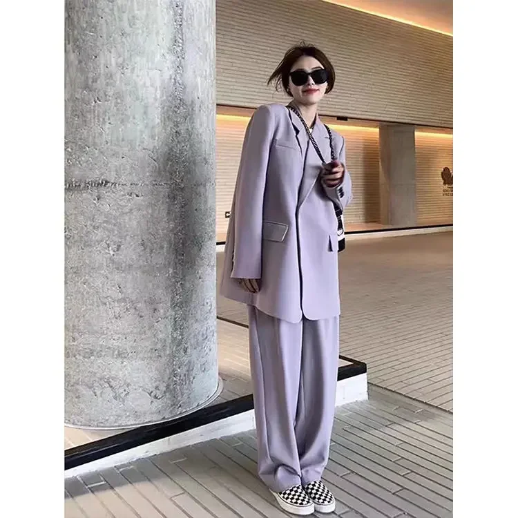 Blazer Suits Pant Solid Woman 2 Pieces Set Autumn Long Sleeve Button Female Clothes Fashion Casual Office Lady Loose Outfit