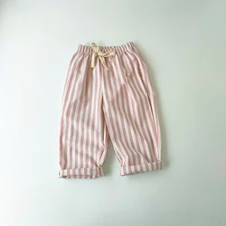 Children's Vintage Linen Cotton Stripe Shorts - Summer Casual Wear - 6-7(130) (Long Pink)