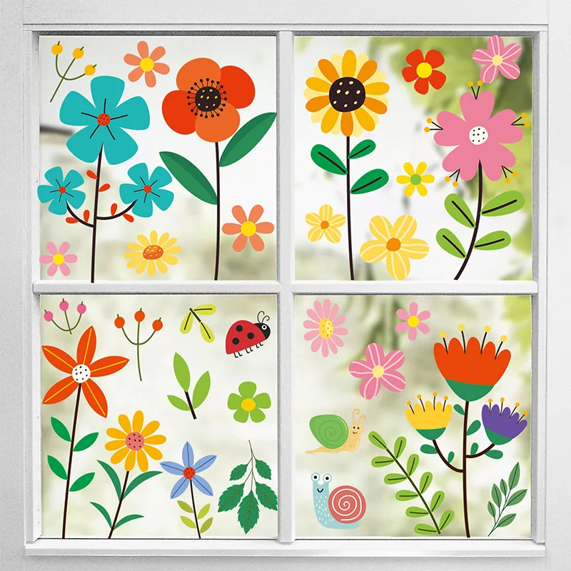 Spring Window Clings Tulip Flower Butterfly Hummingbird Double-Sided Removable Static Spring Window Stickers Decals 9 Sheets