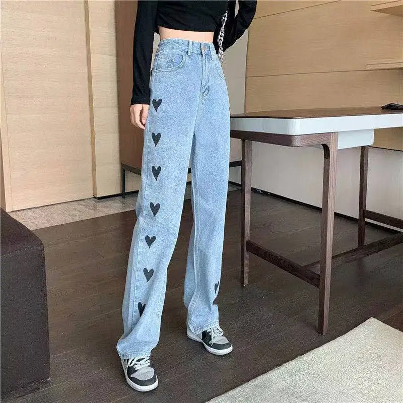 Array pretend Surprised Women Fashion Harajuku Straight Pants 2021 High Waist Heart Print Jeans  Wide Leg Denim Trousers Blue Streetwear Vintage Quality - Jeans - AliExpress
