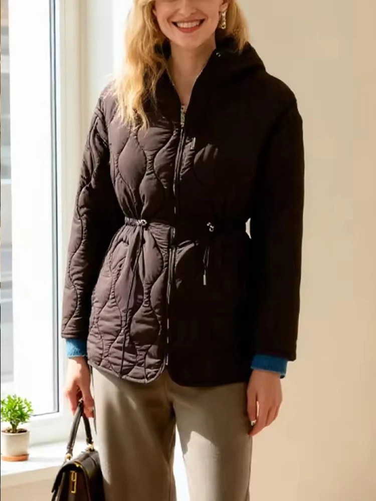 Autumn Winter Women Vintage Padding Parka Coat Waist Lace-up Hooded Jacket Coats 2025 New Fashion Female Casual Loose Outerwear