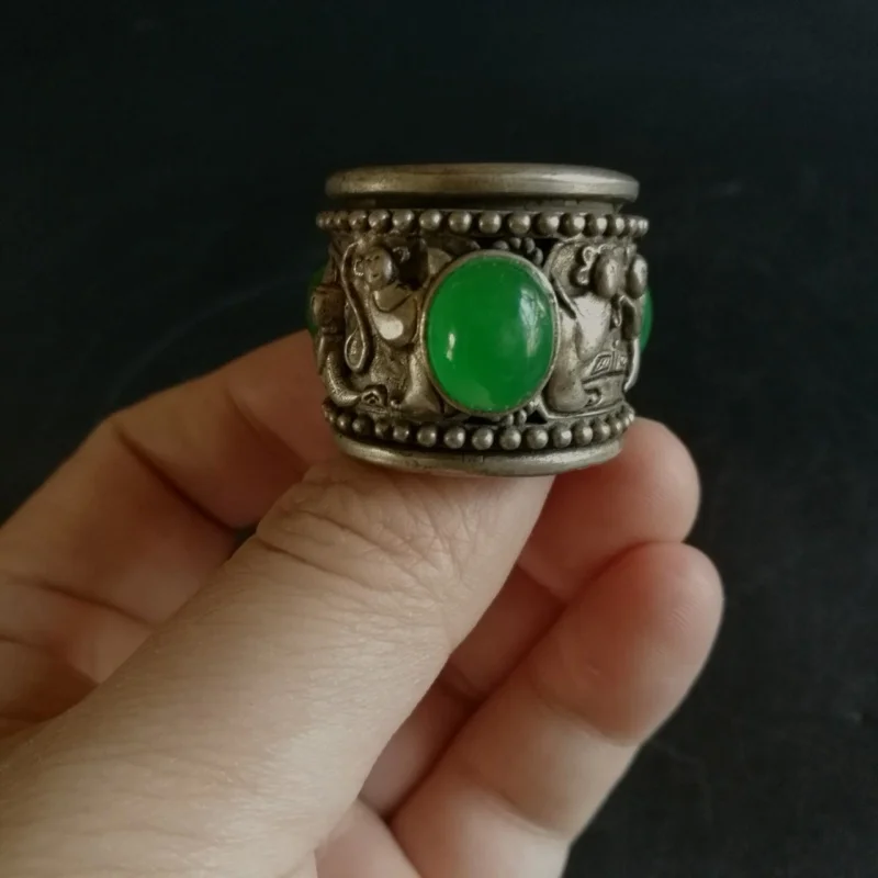 

Античная Династия Цин, старинное серебряное инкрустированное Нефритовое Кольцо большого пальца с интерфейсом зеленого нефрита Bingyang Seiko, посеребренный персонаж Ri большого пальца