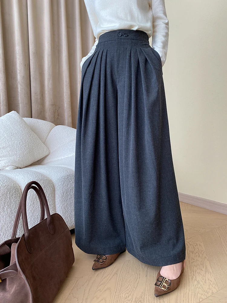 EAM] High Elastic Waist Gray Pleated Long Wide Leg Pants New Loose Fit  Trousers Women Fashion Tide Spring Autumn 2024 1DH1221 - AliExpress