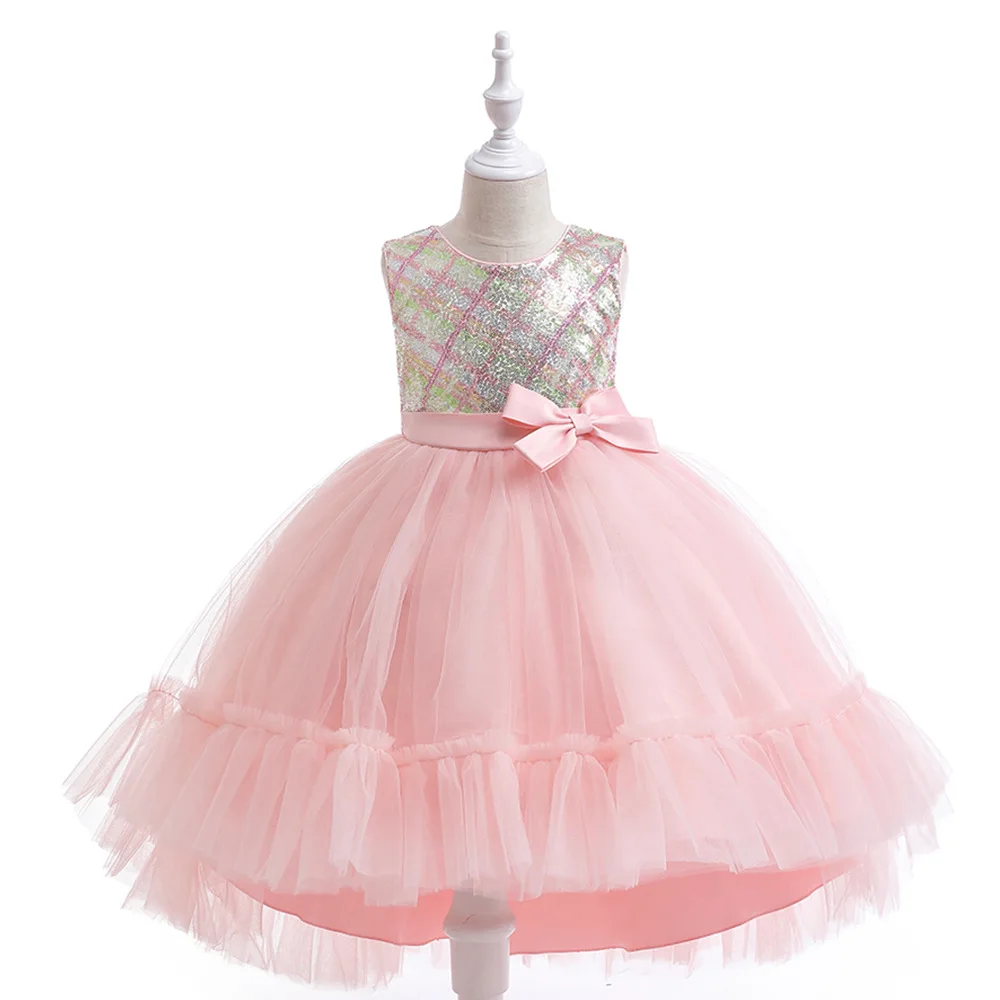 

Pink Sequins Flower Girl Dress Children Ballgown Hi-Lo Tulle Tutu Clothes for 4-8Years First Communion Pageant Gown Vestidos