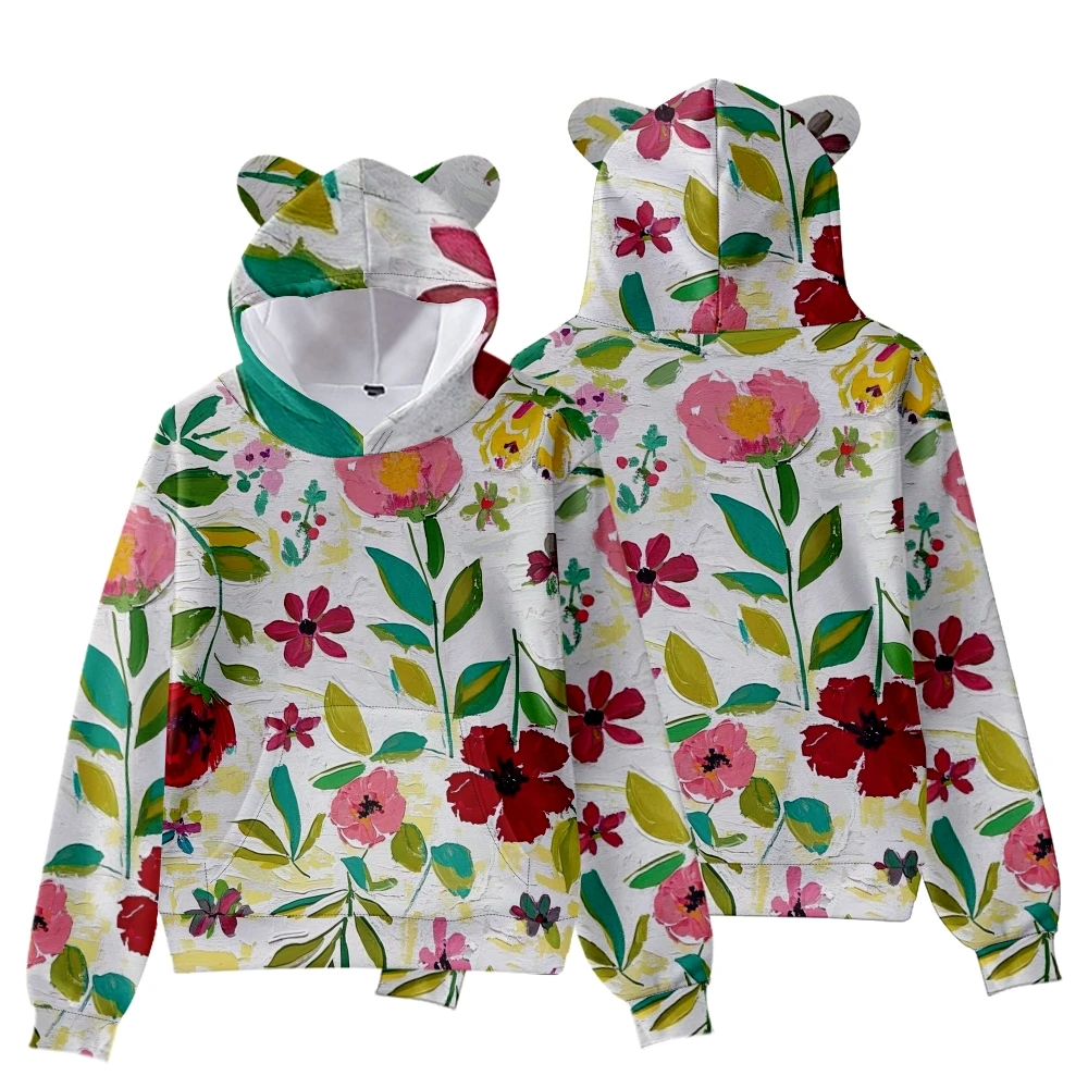 Damen-Sweatshirt mit süßem Katzenohren-Kapuzenpullover, 3D-buntes Blumendruck-Sweatshirt, Kawaii-Vogel-Design, böhmischer locker sitzender Pullover, warmes Kapuzenoberteil – Detail 7
