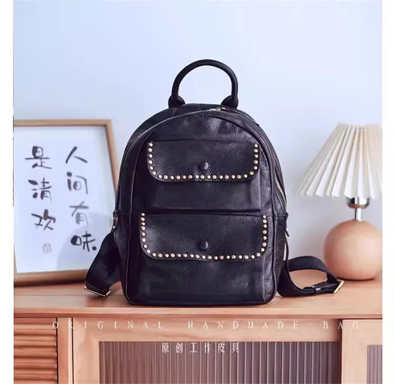 Pndme Outdoor Travel Designer hand gefertigte Echt leder Frauen Rucksack lässig Luxus natürliche echte Rindsleder weibliche Niet Schult asche – Detail 23