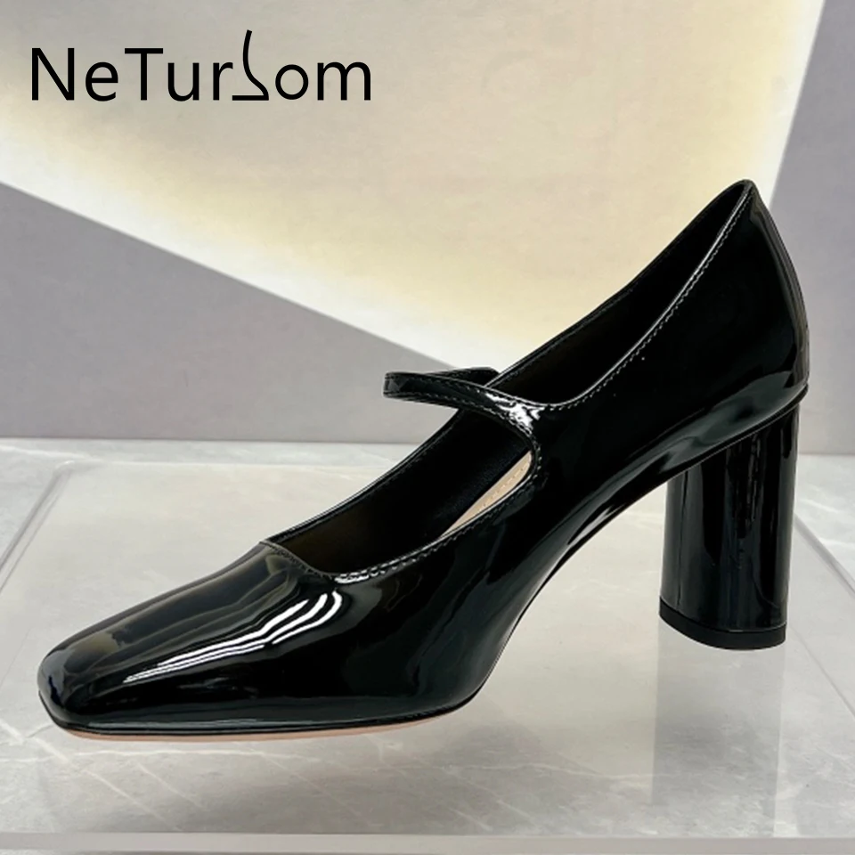 

Spring Summer Women's Square Toe Patent Leather Pearl Buckle Thick Heel High Heels Shallow Elegant Mid Heel 5.5cm Single Shoes