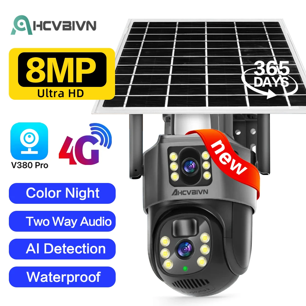 V380 Pro 4K 8Mp 4G Dual Lens Ptz Solar Camera Black Dual Screen Pir Human Tracking Outdoor Security Cctv Surveillance Ip Camera