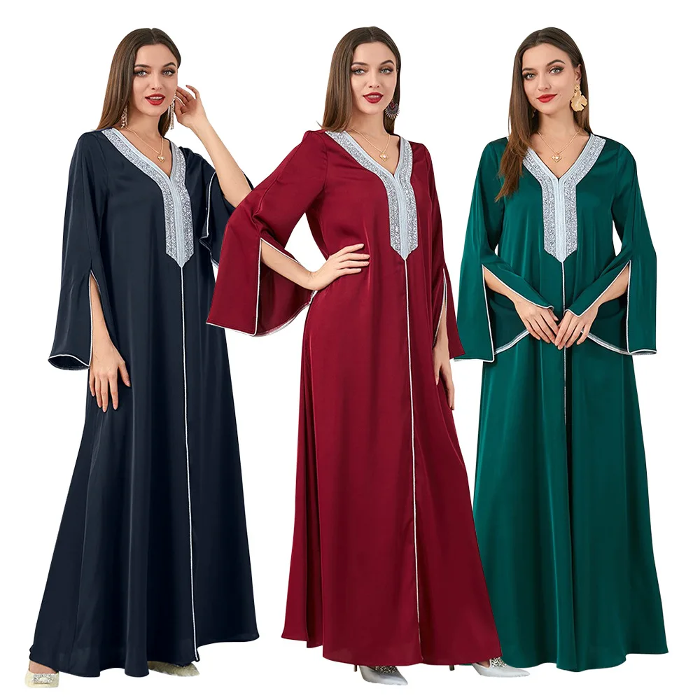 

Middle East Kaftan V-neck Elegant Diamond Dress Ribbon Robe Muslim Fashion Dubai Abaya for Women Robe Pour Femme Musulmane