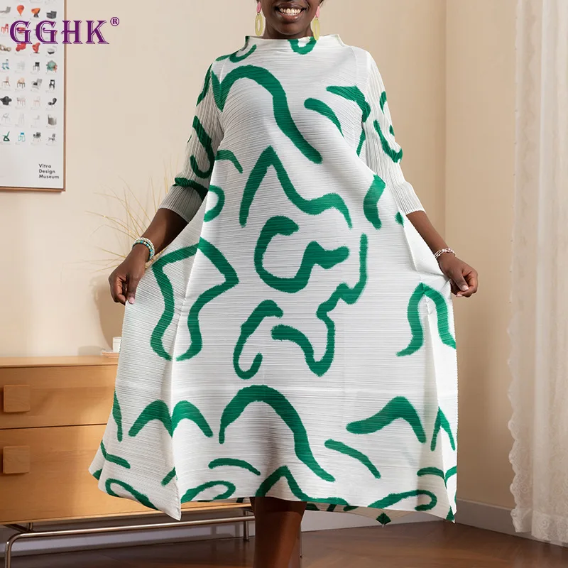 

GGHK Miyake Pleated Dress 2023 New Foreign-style Printing Large Size Fat Mm Belly-shading Thin Organza Long Skirt