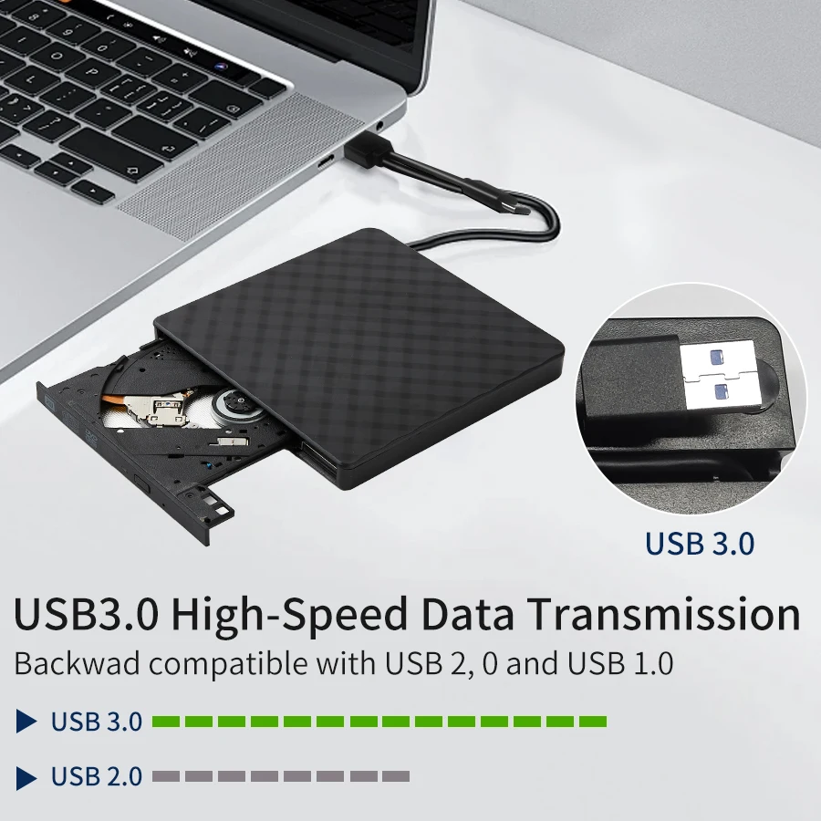 외장 DVD 드라이브 USB 3.0 휴대용 슬림 광학 드라이브 버너 리더 플레이어, 트레이 타입, 노트북 PC 컴퓨터용