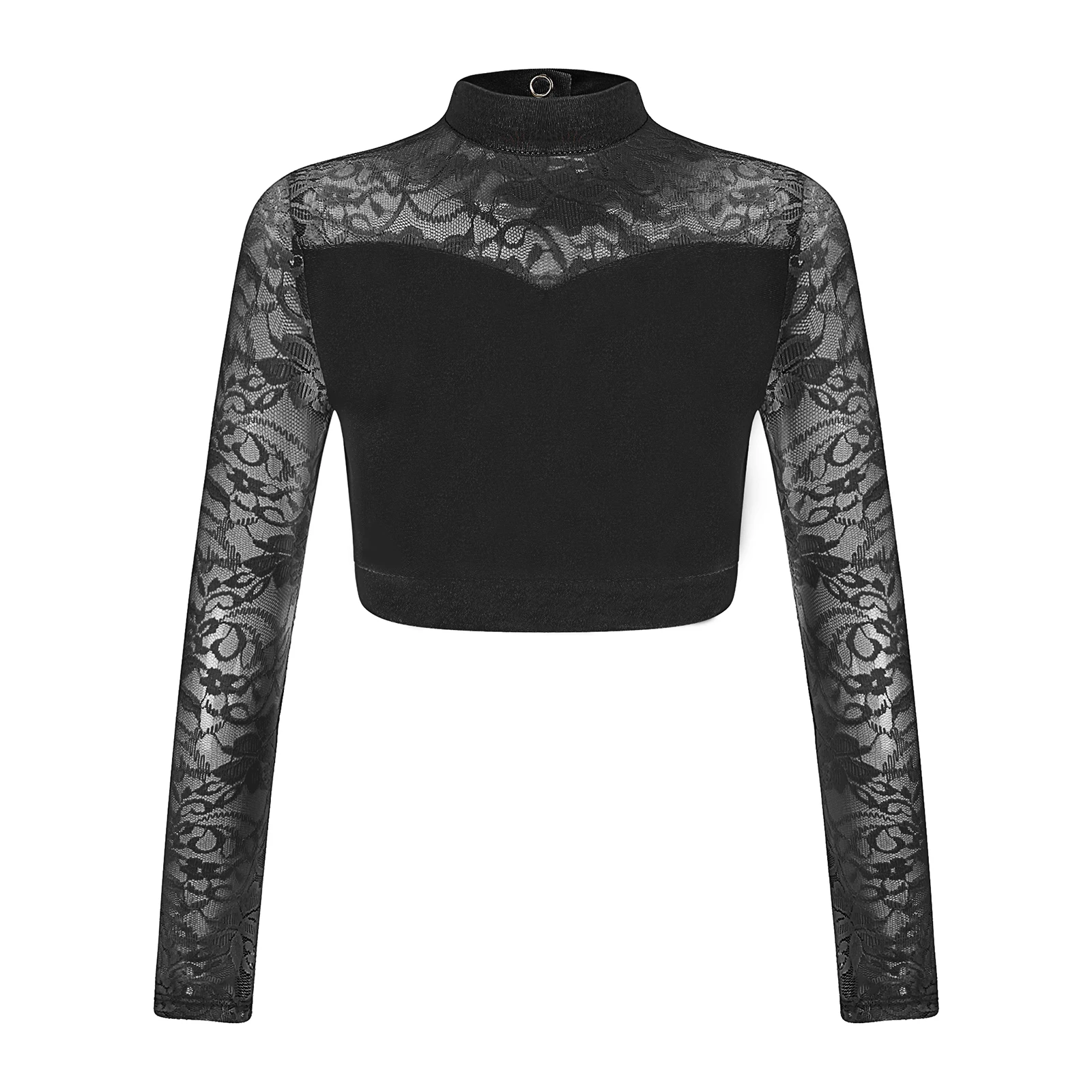 Kids Girls Sheer Floral Lace Gymnastics Dance Crop Top Patchwork Mock Neck Long Sleeve Cutout Back T-Shirt Top Stage Performance