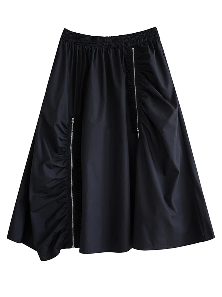 Black Vintage Spliced Zipper Pleated High Waist Skirt Women Plus Size Fashion Loose Casual Long Skirts Clothes Sping Autumn 2025